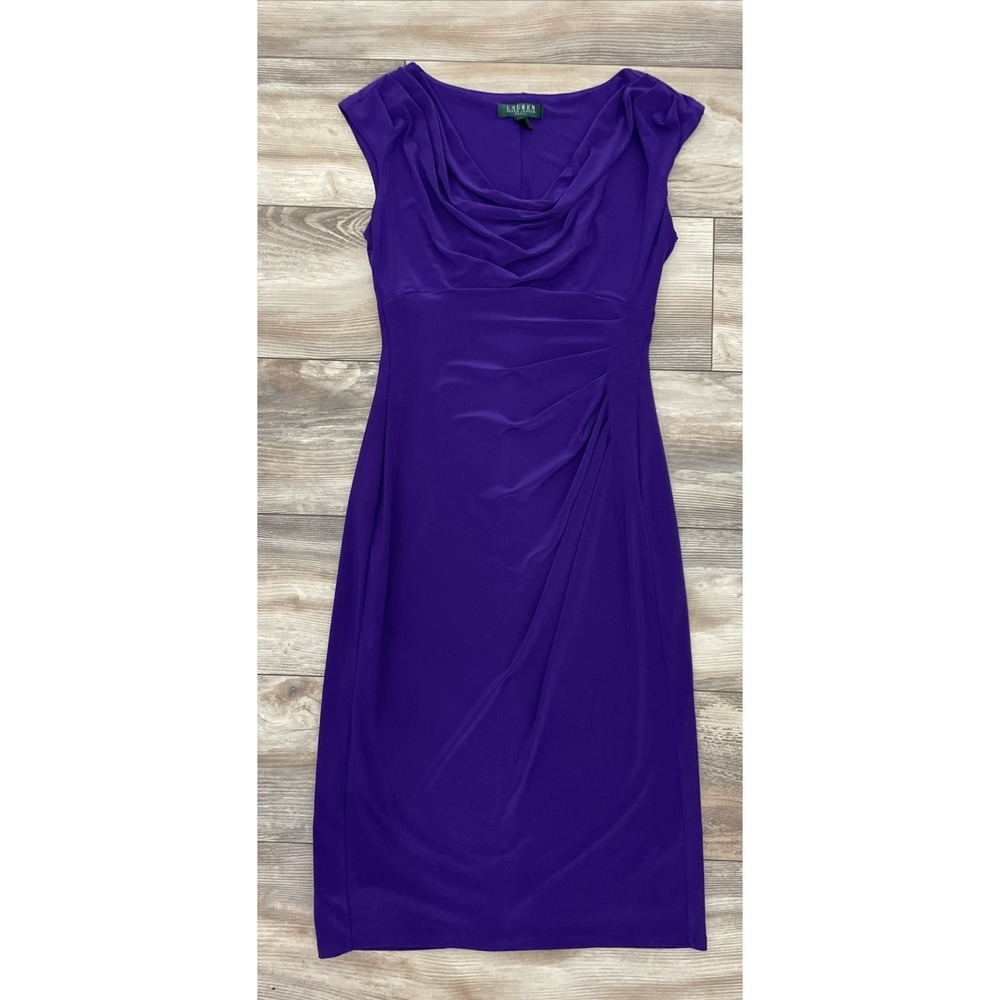 Lauren Ralph Lauren Ruching Cowl Neck Cap Sleeve Bodycon Dress Size 6 Purple